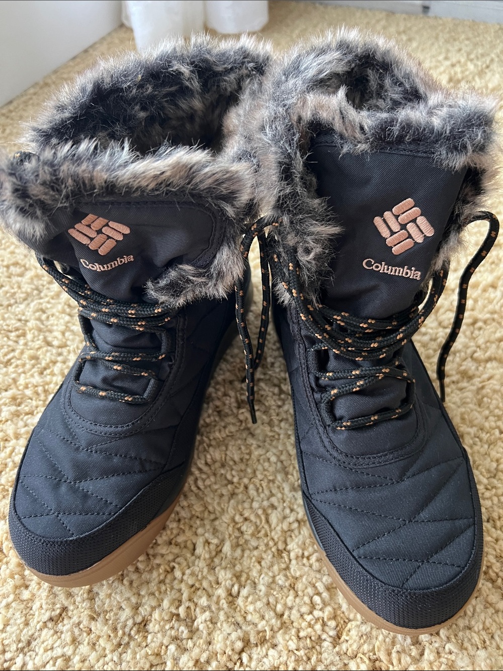 🍁New Columbia Techlite Eco Waterproof Black Winter Ankle Boots with Brown Faux